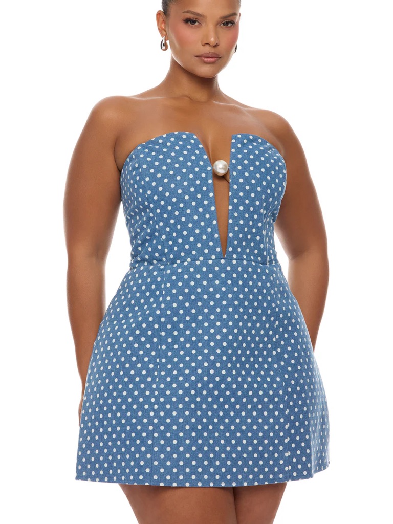 Blue Polka Dot Strapless Mini Dress